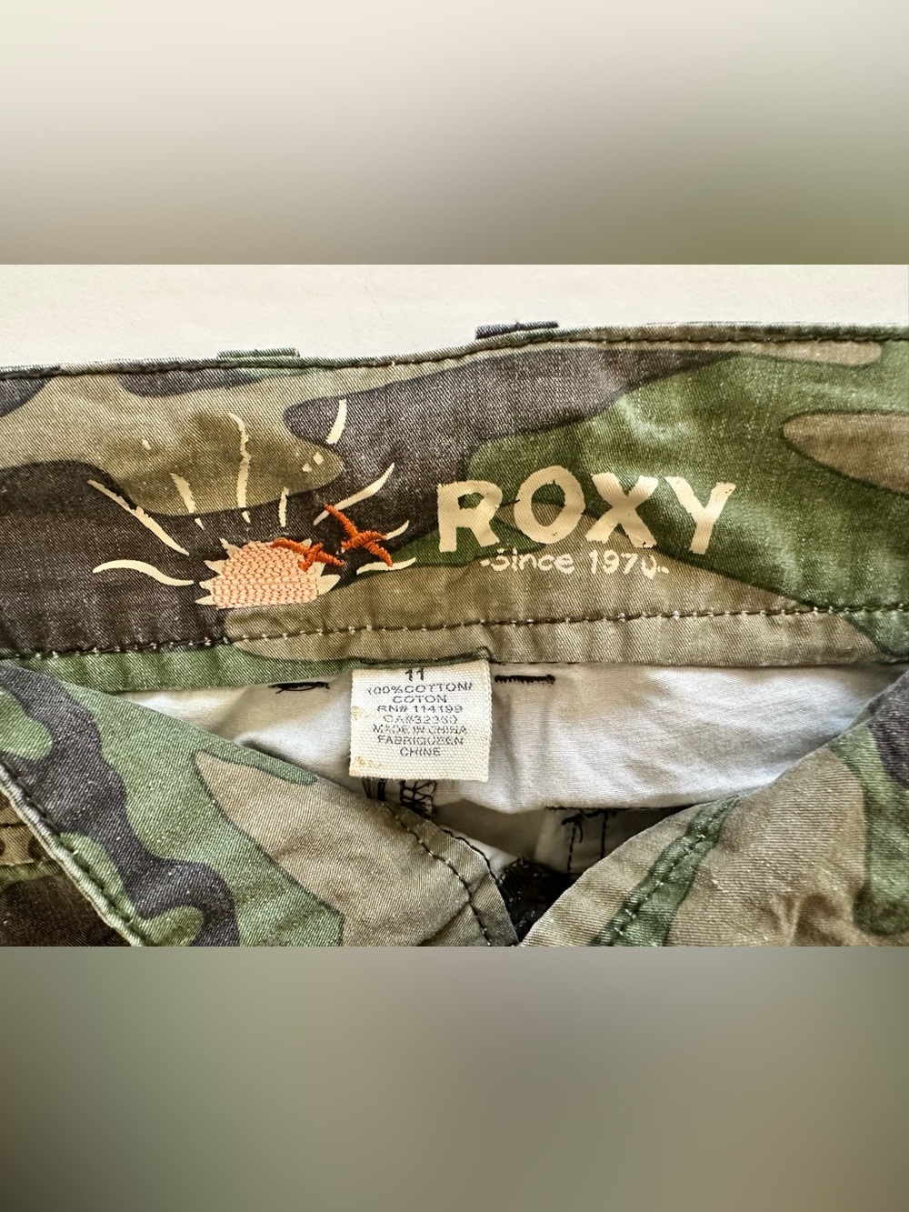 Roxy Camouflage Shorts with Embroidered Flower Accent - Green